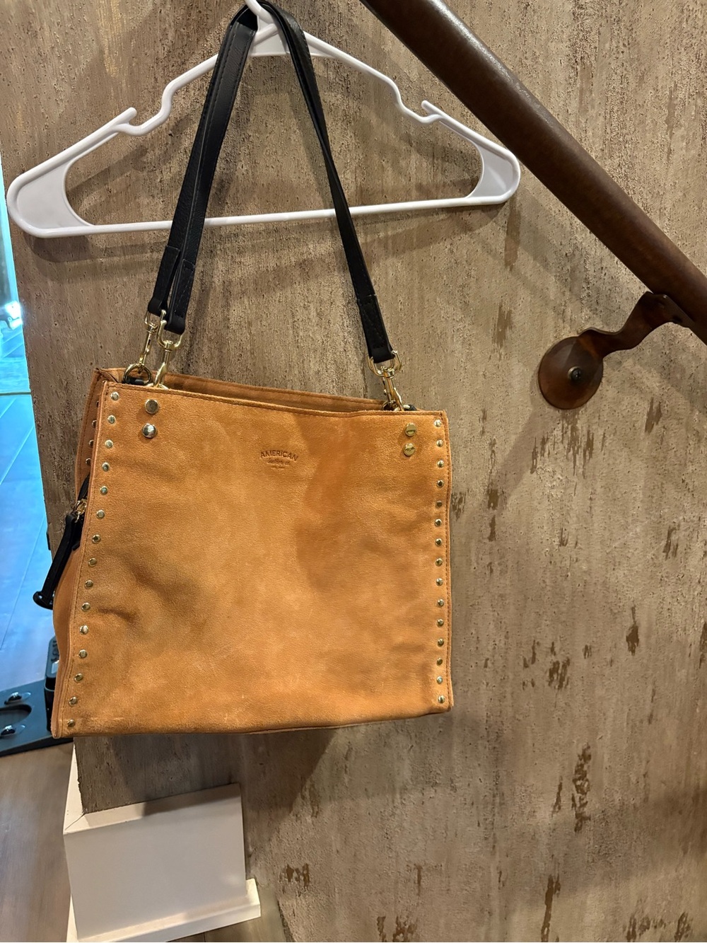 Suede Tan Studded Shoulder Bag with Black Straps